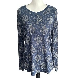 Chaps Henley NWT Women's 2X Indigo Blue Cream Paisley Print‎ Long Sleeve Henley